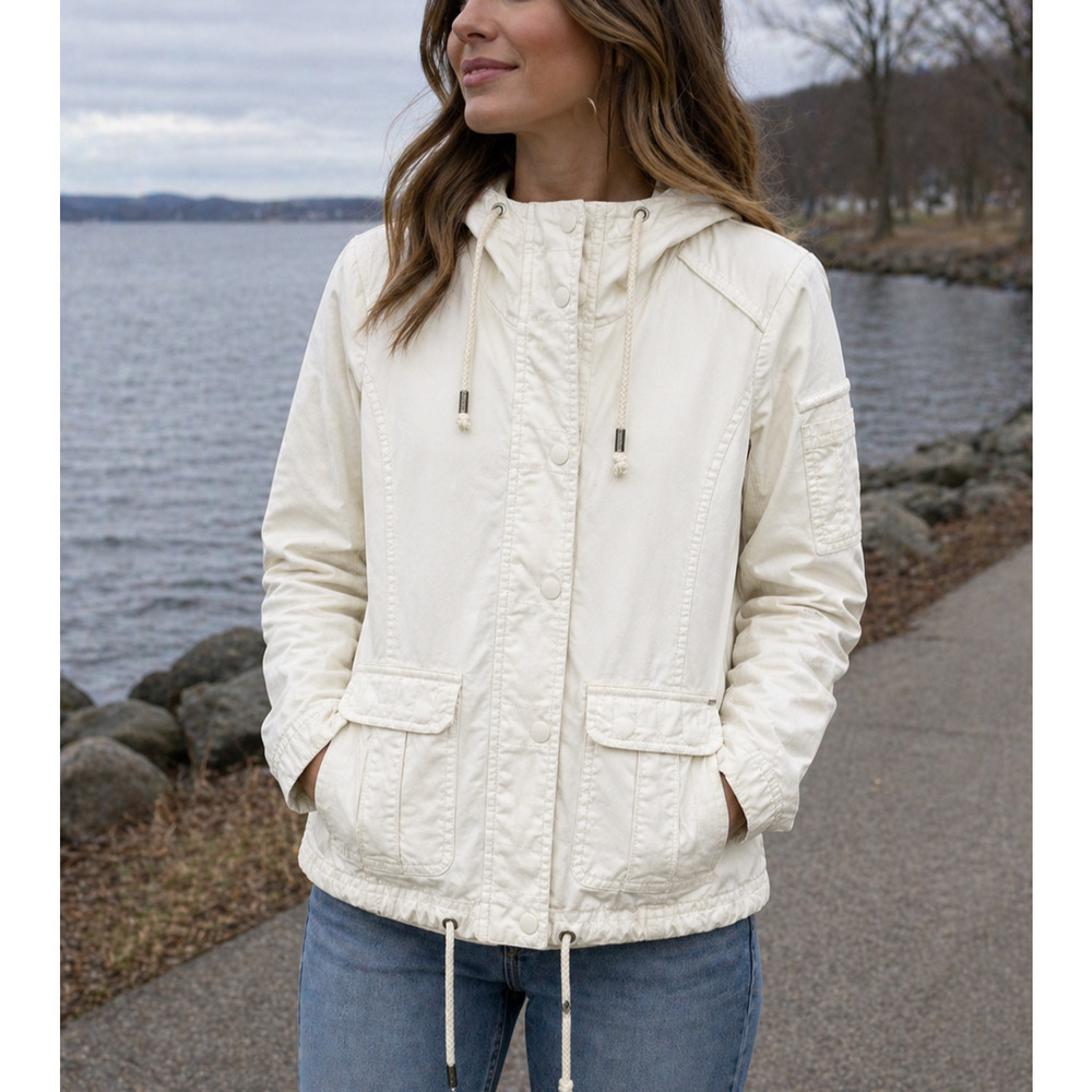 Garage Utility Jacket Womens XS Hooded Field Coat Cream Zip Snap Casual
